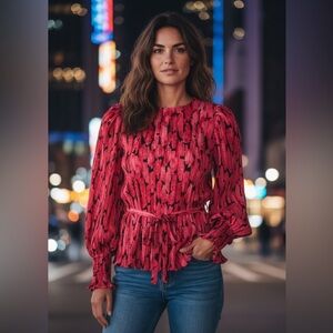 Kenzo Paris Red &Black Feminine Pleated Blouse Size 34 (NWT) Retail $495